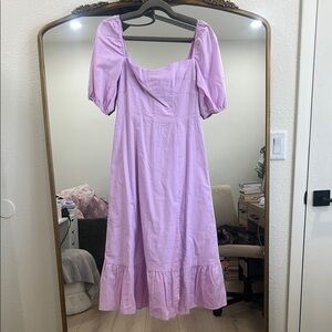 Purple Ruched Puff Sleeve Midi Dress